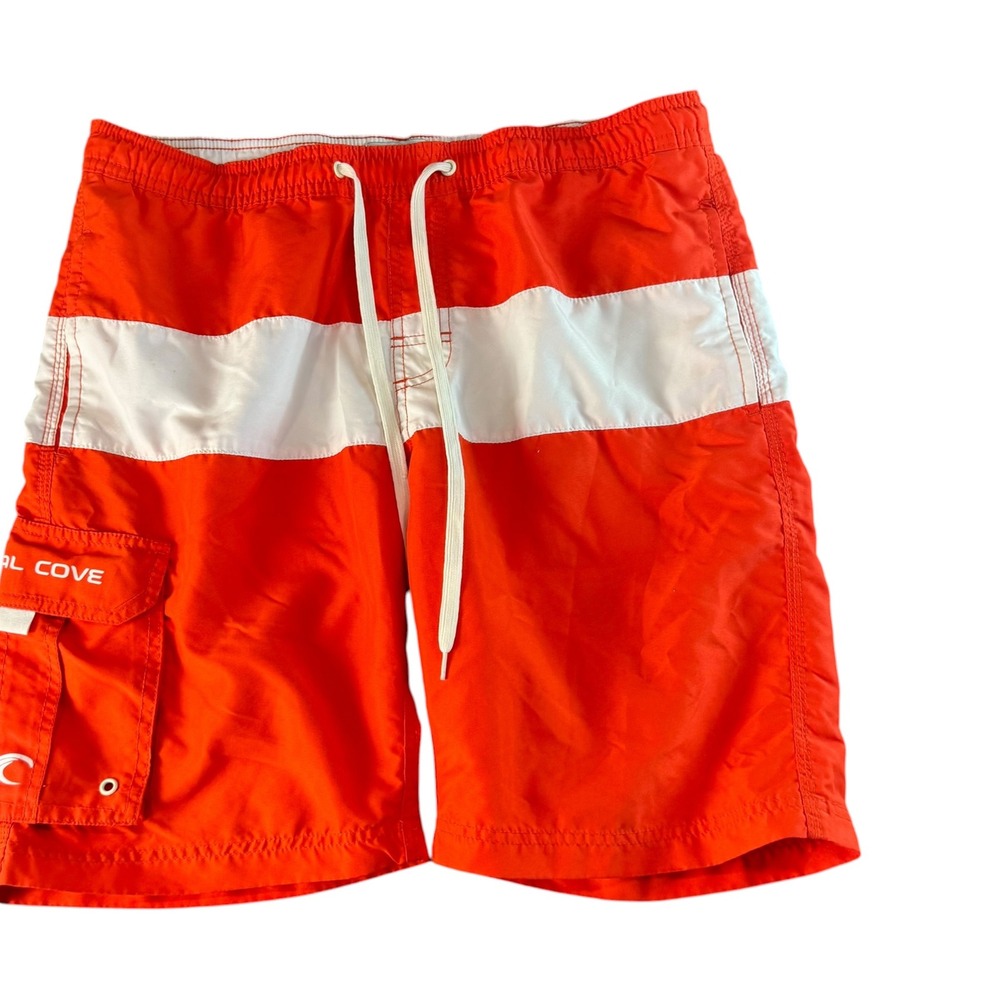 Teal Cove Mens Orange‎ White Stripe Swim Trunks Mesh Lined Cargo Pocket Small